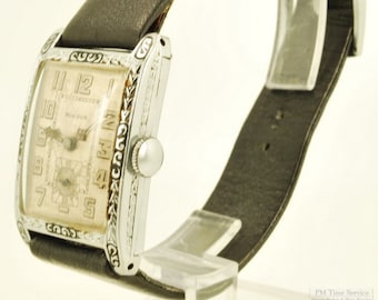 Bulova grade 9AT vintage wrist watch, 17 jewels, rectangular white gold (filled) & enamel "The Curtis" case, boxed