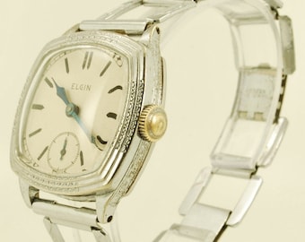 Elgin grade 485 vintage wrist watch, 7 jewels, heavy square chrome case with slightly flared sides