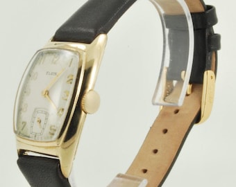 Elgin 536 vintage polshorloge, 15 juwelen, elegante geelgouden (gevulde) rechthoekige kast met een licht gebogen achterkant