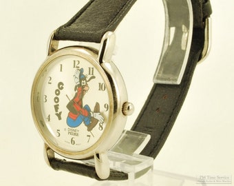 Pedre for Disney quartz "Goofy" wrist watch, round silver-toned case, Pedre box, backwards movement