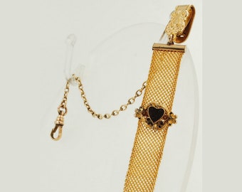 Vintage 4" yellow gold (filled) mesh ribbon-style pocket watch chain with a fancy pocket or belt clip finding