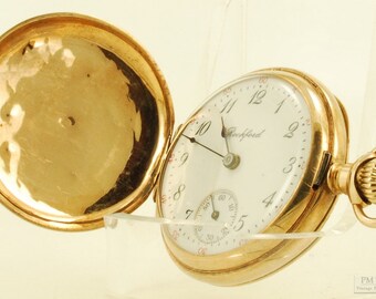 Rockford vintage ladies' pocket watch, 0 size, 7 jewels, 14k gold fully engraved HC with tight engine turning