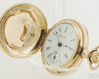 Hampden "Molly Stark" vintage dameszakhorloge, maat 3-0, 7 juwelen, geweldige gegraveerde art nouveau geelgouden (gevulde) jachtkast