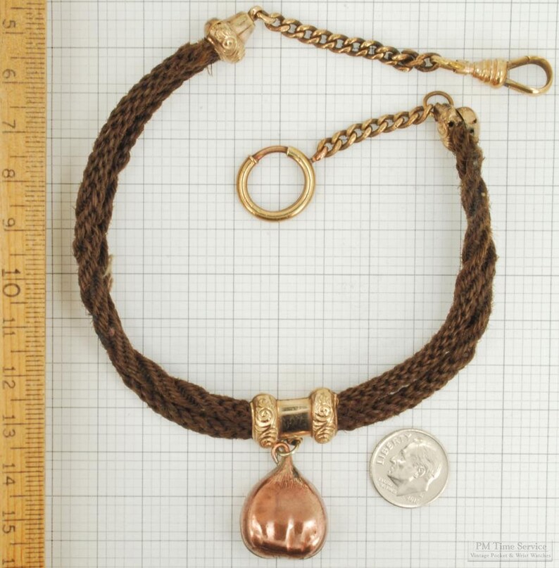 13.5 vintage double strand remembrance hair straight-style pocket watch chain with a copper-toned hazelnut fob image 3
