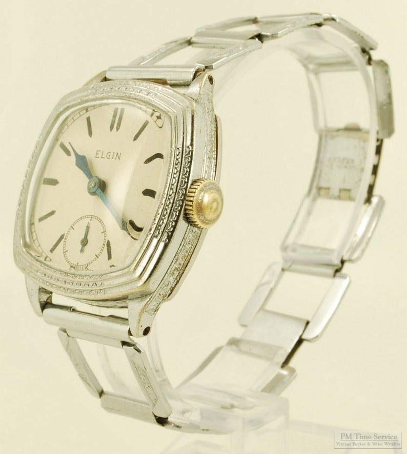 Elgin grade 485 vintage wrist watch, 7 jewels, heavy square chrome case with slightly flared sides image 1