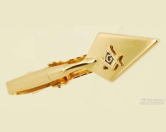 Anson vintage yellow gold (filled) and enamel Masonic tie clip, compass-shaped emblem, with black leatherette Anson box