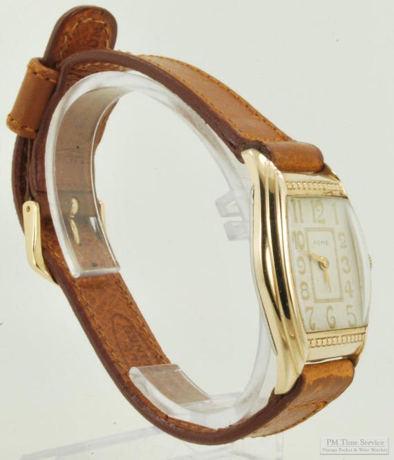 Everbright Watch Co. for Acme vintage wrist watch, 17 jewels, impressive yellow gold (filled) & stainless steel rectangular case View 2