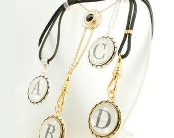Large fancy round pendant fobs with print monogram, necklace & slide chain options