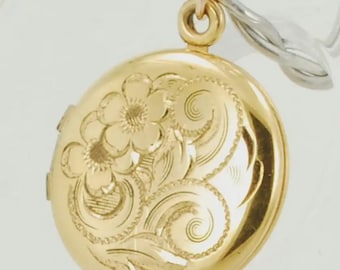 Gold-toned round picture locket pendant or pocket watch chain fob, engraved flower design & "Worlds Greatest Grandma"