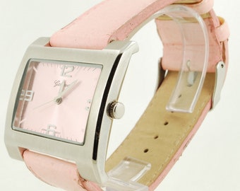 Geneva quartz ladies' wrist watch, heavy silver-toned & stainless steel wide rectangular case with a brushed finish