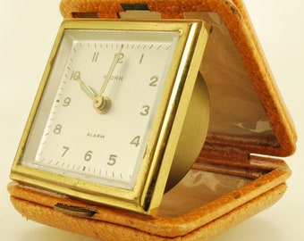 Florn (Germany) vintage travel alarm clock, square YBM & brass case, square foldable travel cover