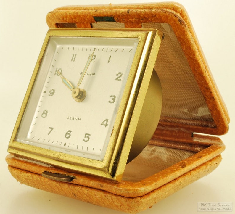 Florn Germany vintage travel alarm clock, square YBM & brass case, square foldable travel cover image 1
