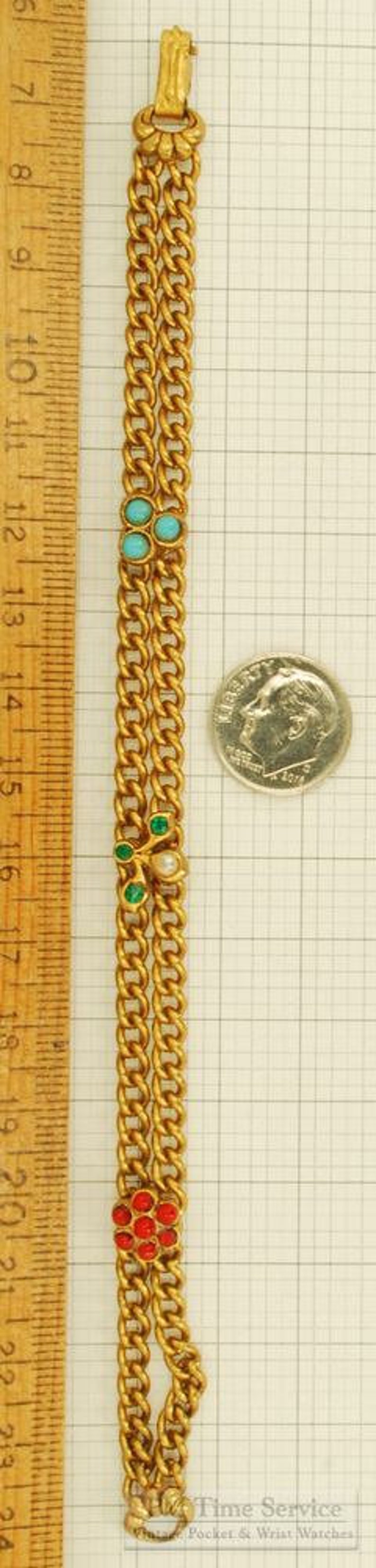 Vintage 7.5 gold-toned double-strand curb-link bracelet with multi-colored accents along the length image 3