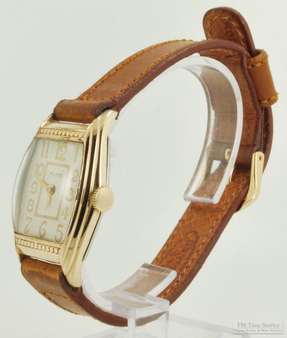 Everbright Watch Co. for Acme vintage wrist watch, 17 jewels, impressive yellow gold (filled) & stainless steel rectangular case
