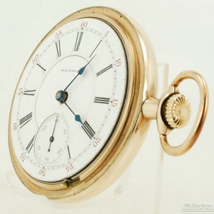 Waltham Vanguard vintage pocket watch, 18 size, 21 jewels, heavy yellow gold filled smooth polish SB&B case image 2