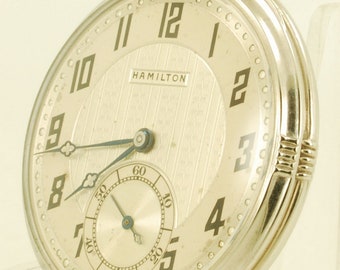 Hamilton grade 912 vintage pocket watch, 12 size, 17 jewels, elegant smooth polish white gold (filled) case