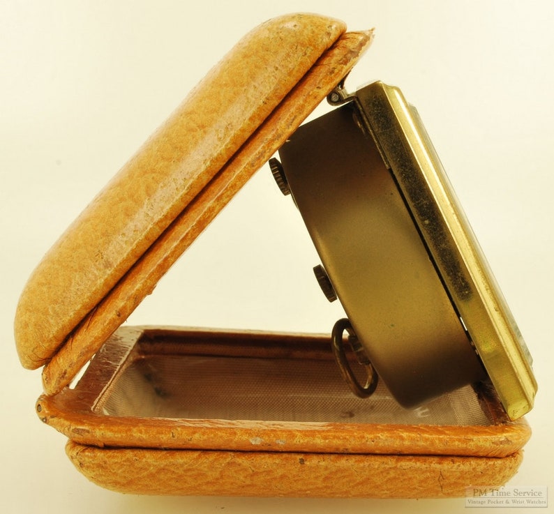 Florn Germany vintage travel alarm clock, square YBM & brass case, square foldable travel cover image 3