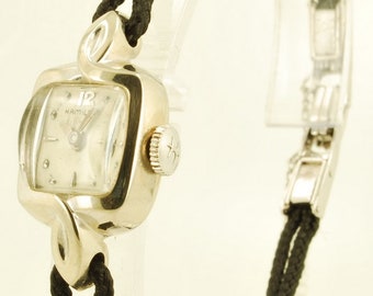 Hamilton grade 761 vintage ladies' wrist watch, 22 jewels, 14k white gold rectangular Pamela-model case