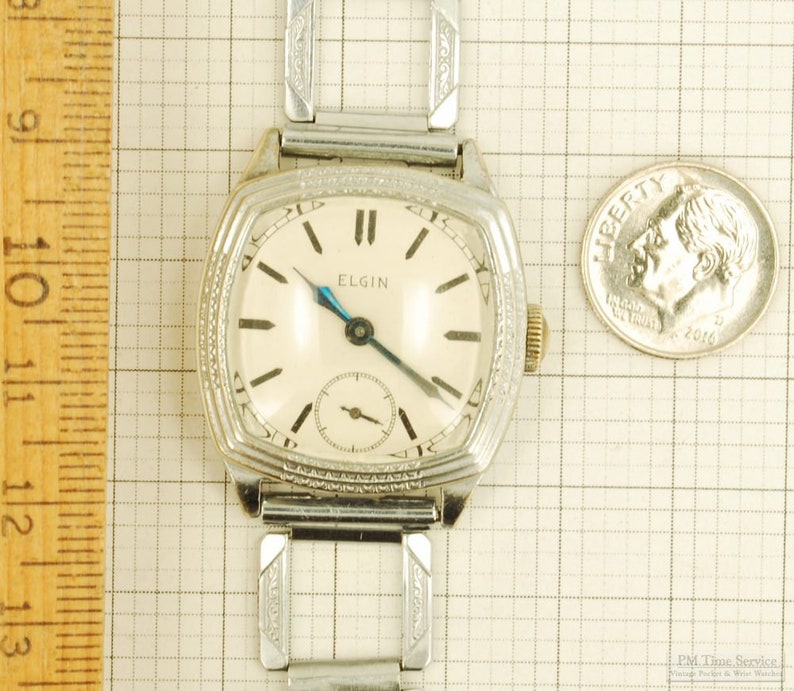 Elgin grade 485 vintage wrist watch, 7 jewels, heavy square chrome case with slightly flared sides image 7