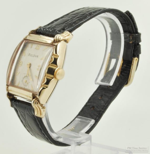 Vintage Bulova Gold Case Watch with Black Strap and Ivory Dial s-l400.jpg main image 4