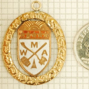 Vintage yellow gold filled & enamel fancy oval Modern Woodmen of America MWA pocket watch chain fob image 4