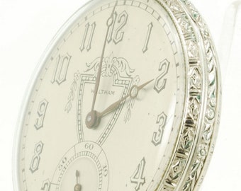 Waltham grade No. 1225 (Colonial B) vintage pocket watch, 12 size, 17 jewels, silver-toned engraved case, fancy dial
