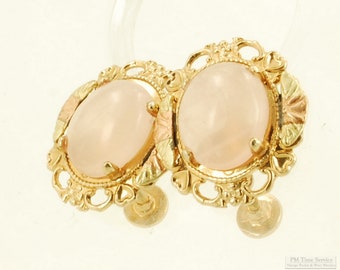 Vintage yellow gold plated and rose quartz filigree screw-back earrings, fan-shaped rose gold plated accents