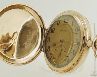 Burlington by Illinois grade 108 vintage pocket watch, 16 size, 21 jewels, eye-catching engraved yellow gold (filled) hunting case