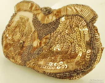 sac d’embrayage art nouveau vintage Français avec bronzage, perles et paillettes de couleur bronze et or