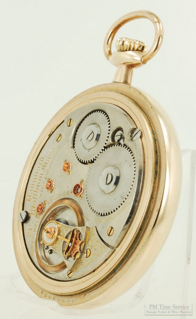 Waltham Vanguard vintage pocket watch, 18 size, 21 jewels, heavy yellow gold filled smooth polish SB&B case image 4