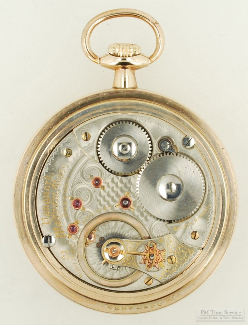 Waltham Vanguard vintage pocket watch, 18 size, 21 jewels, heavy yellow gold filled smooth polish SB&B case image 7