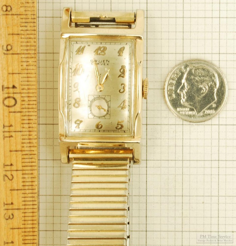 Gruen Precision grade 370 vintage wrist watch, 17 jewels, yellow gold filled rectangular Curvex-model case image 6