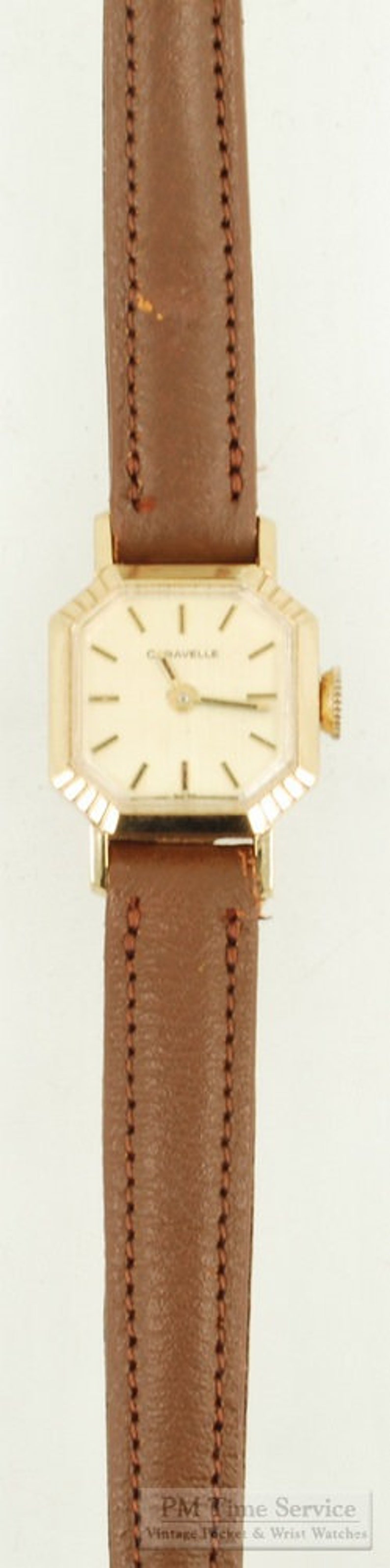 Caravelle by Bulova vintage ladies' wrist watch, 17 jewels, YBM & SS case, gold-toned pattern finish dial image 4