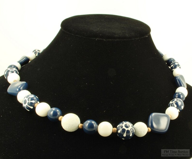 Wood, acrylic and brass 25 necklace with dark navy blue and pure white beads image 1