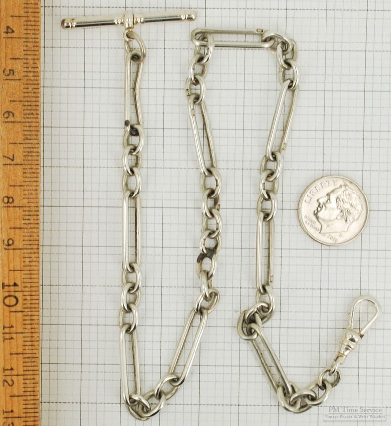 14.5 Sterling silver mixed fancy link straight-style vintage pocket watch chain with a swivel-detail t-bar image 3