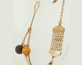 Marquardt vintage 11" fancy gemengde schakel Albert-stijl geelgouden (gevuld) & glazen zakhorlogeketting met goudsteen bol fob