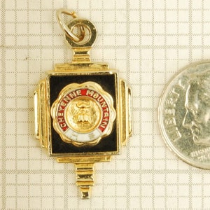 Kinney yellow gold filled & enamel lantern-shaped Cheyenne Mountain HS high school pocket watch chain fob image 3