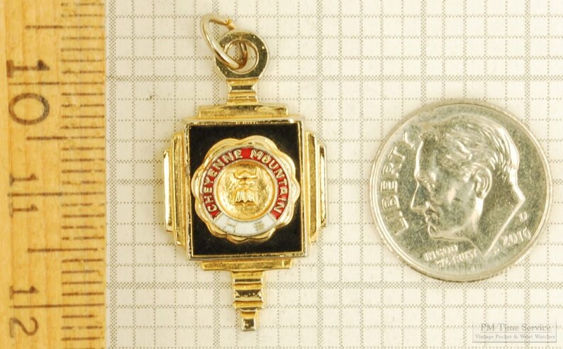 Kinney yellow gold filled & enamel lantern-shaped Cheyenne Mountain HS high school pocket watch chain fob image 3