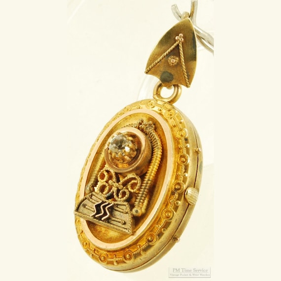 Gold-toned & crystal oval locket pocket watch cha… - image 1