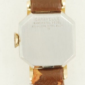 Caravelle by Bulova vintage ladies' wrist watch, 17 jewels, YBM & SS case, gold-toned pattern finish dial image 5