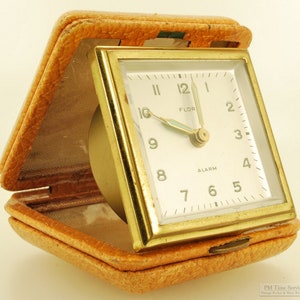 Florn Germany vintage travel alarm clock, square YBM & brass case, square foldable travel cover image 2