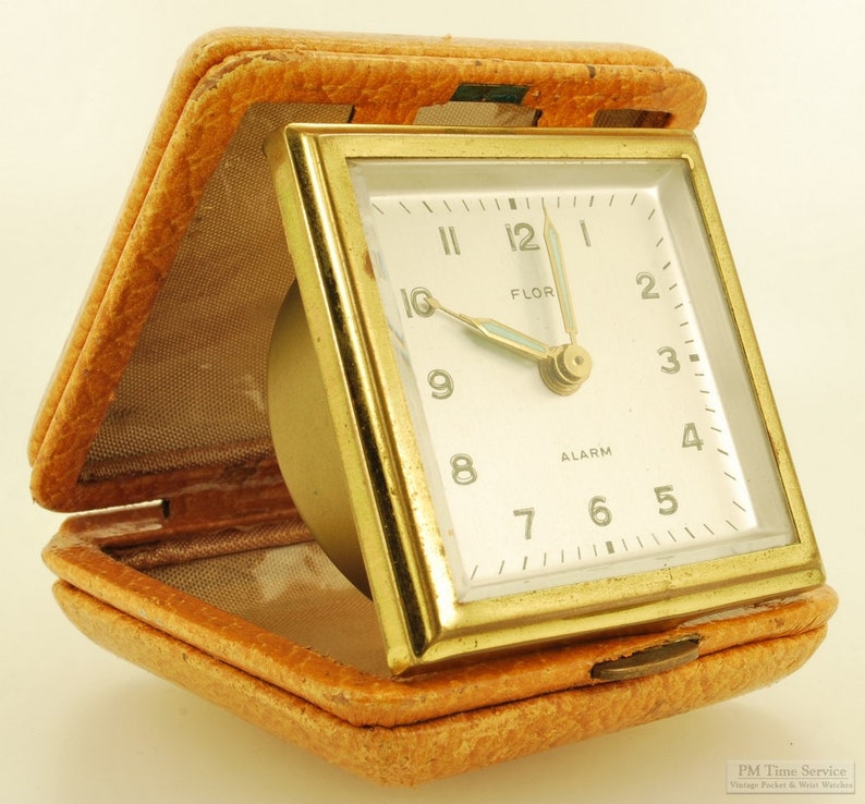 Florn Germany vintage travel alarm clock, square YBM & brass case, square foldable travel cover image 2