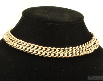 Heavy 15" double-strand gold-toned vintage curb-link choker, heavy smooth polish trapezoid-shaped finials