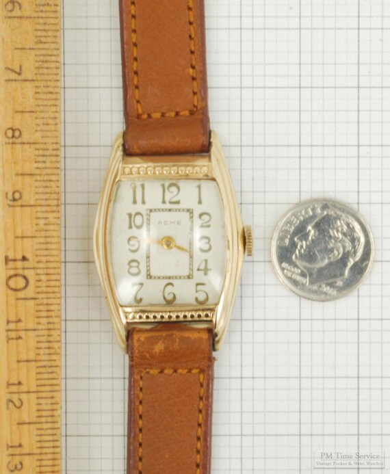 Everbright Watch Co. for Acme vintage wrist watch, 17 jewels, impressive yellow gold (filled) & stainless steel rectangular case View 6