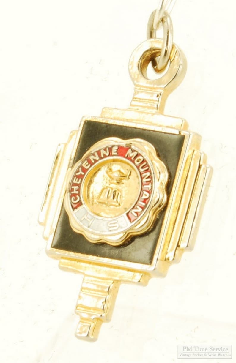 Kinney yellow gold filled & enamel lantern-shaped Cheyenne Mountain HS high school pocket watch chain fob image 1