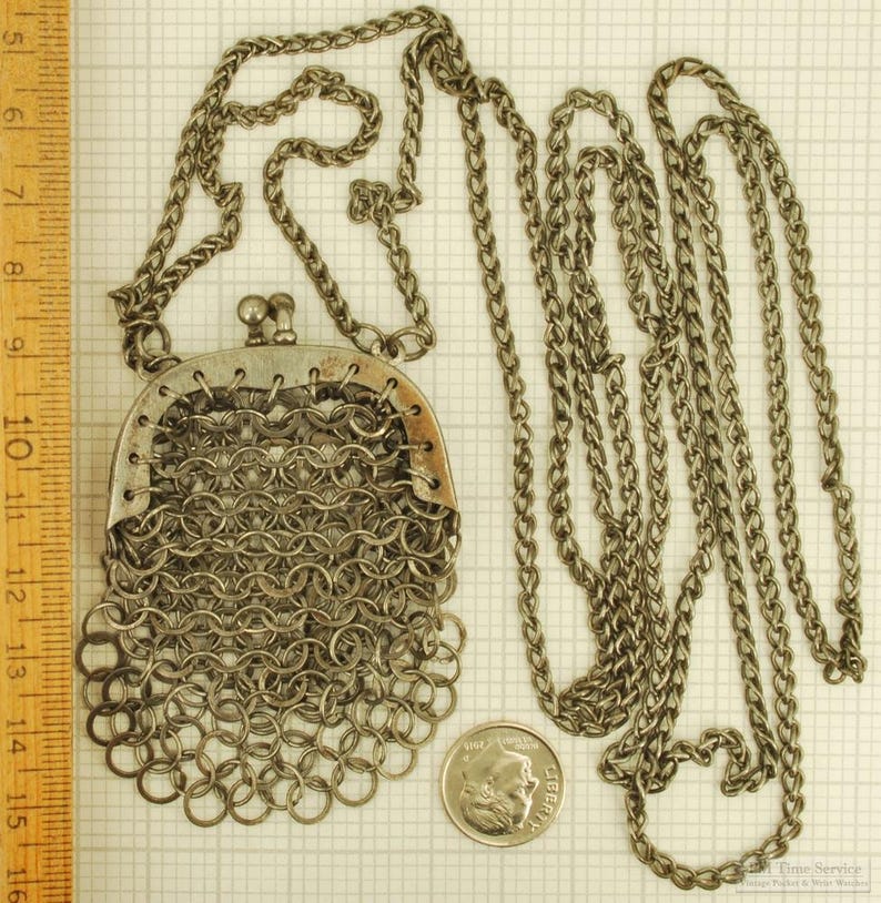 Vintage Gun-metal Art Nouveau Chain-mail Purse, With 5