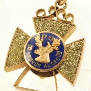 Vintage yellow gold (filled), Fool&#39;s Gold (iron pyrite) and enamel cross pattee style BPOE pocket watch chain fob