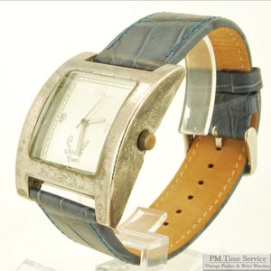Soul by Curve vintage quartz wrist watch, oversized silver-toned & stainless steel rectangular case, white dial, blue leather band
