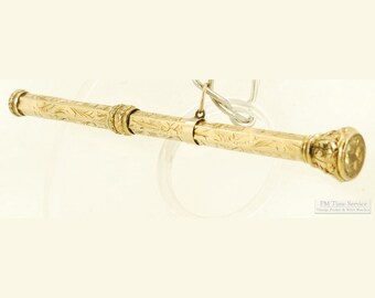 14k gold, steel and yellow citrine engraved pencil holder vintage pocket watch chain fob, approx. 5.2dwt