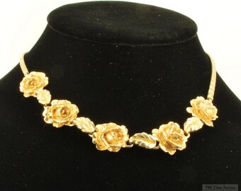 15.5" vintage gold-toned rose-focal choker-style necklace with 3-dimensional roses and engraved leaf-shaped links